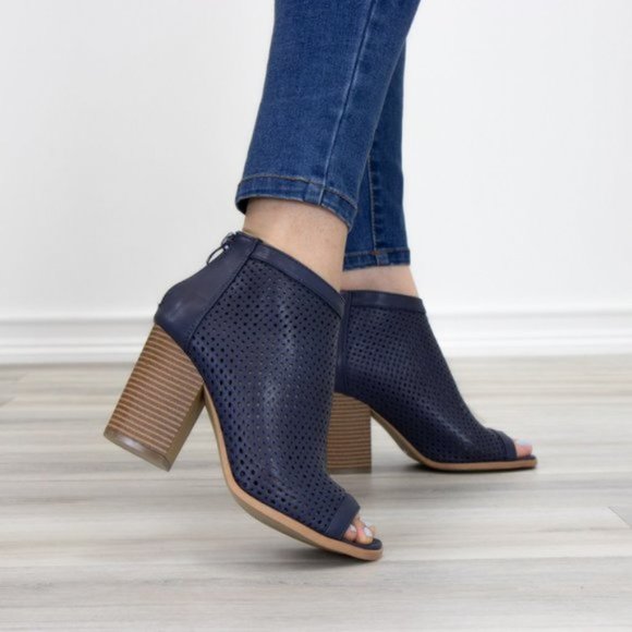 Shoes - Navy Perforated Heeled Open Toe Ankle Boots